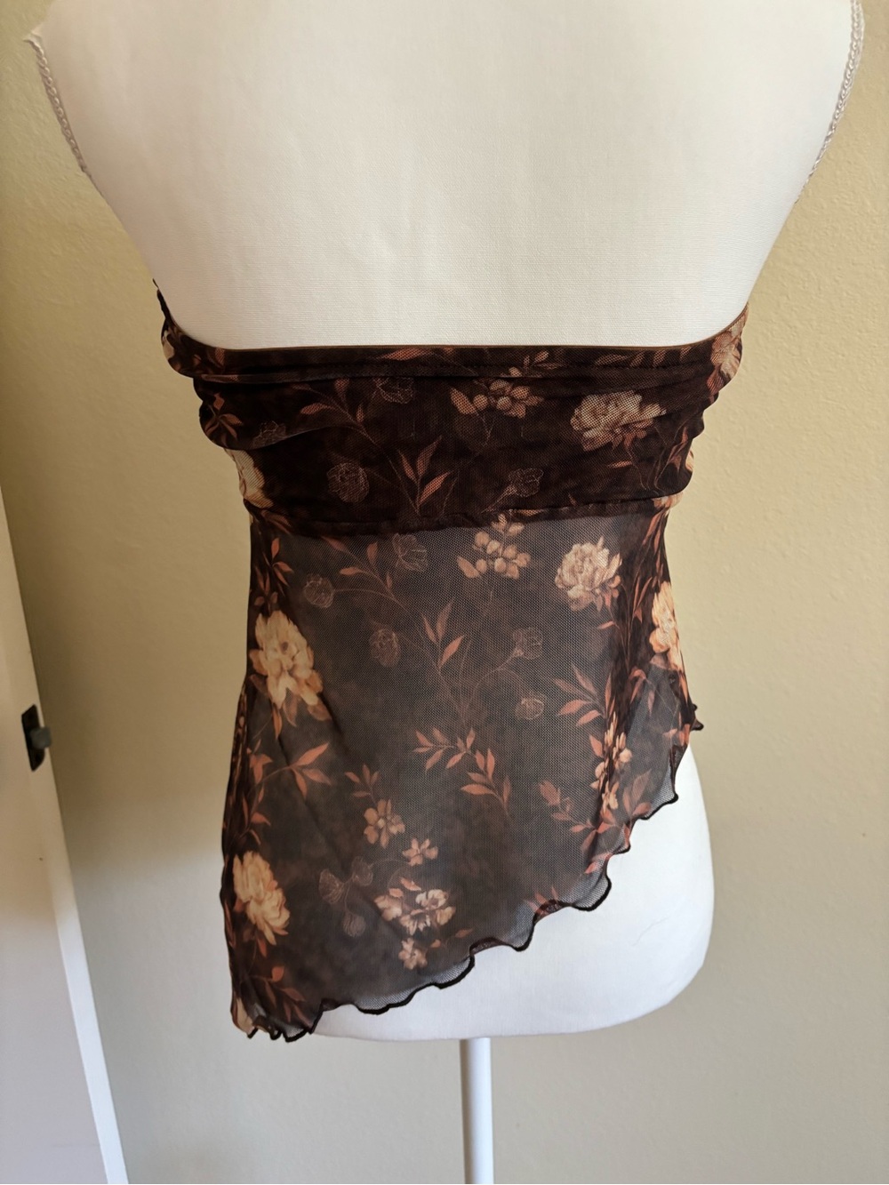 Floral Sheer Asymmetric Strapless Crop Top - Brown - Picture 2 of 4